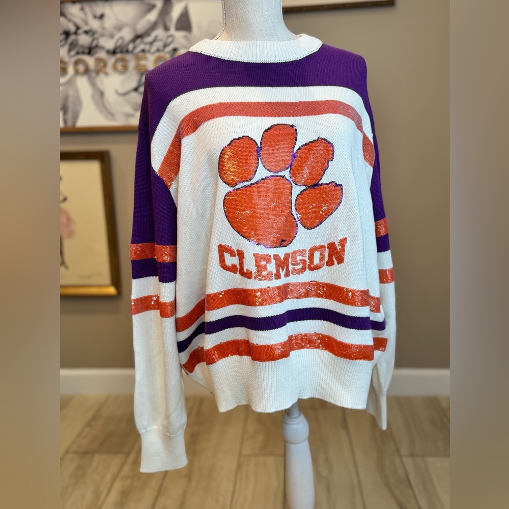 New! QUEEN OF SPARKLES Licensed Clemson Sequin Striped Logo Sweater Oversized